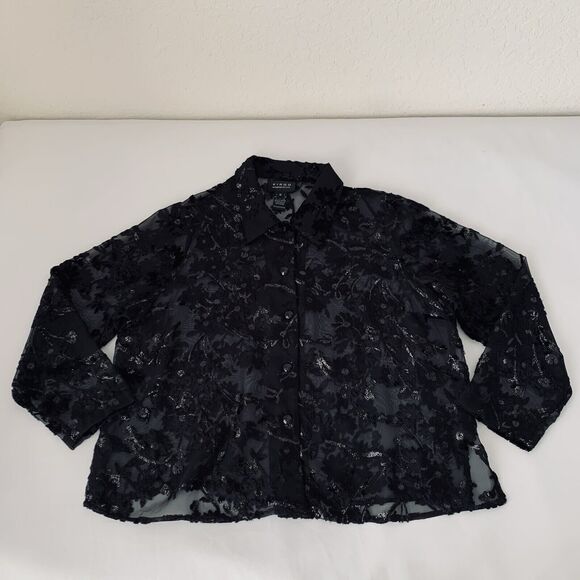 VTG Virgo Top Women 16 Black Velvet Burnout Sheer Sparkle Button Whimsygoth Goth - Picture 1 of 9